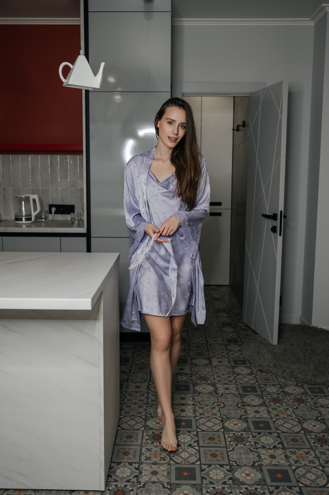 Сорочка и халат шелк цветочек (кор), лавандовый